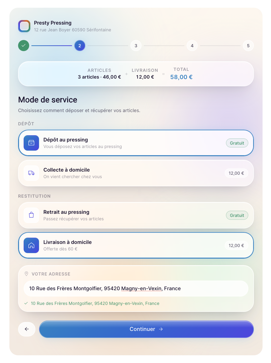 Étape 2, mode de service