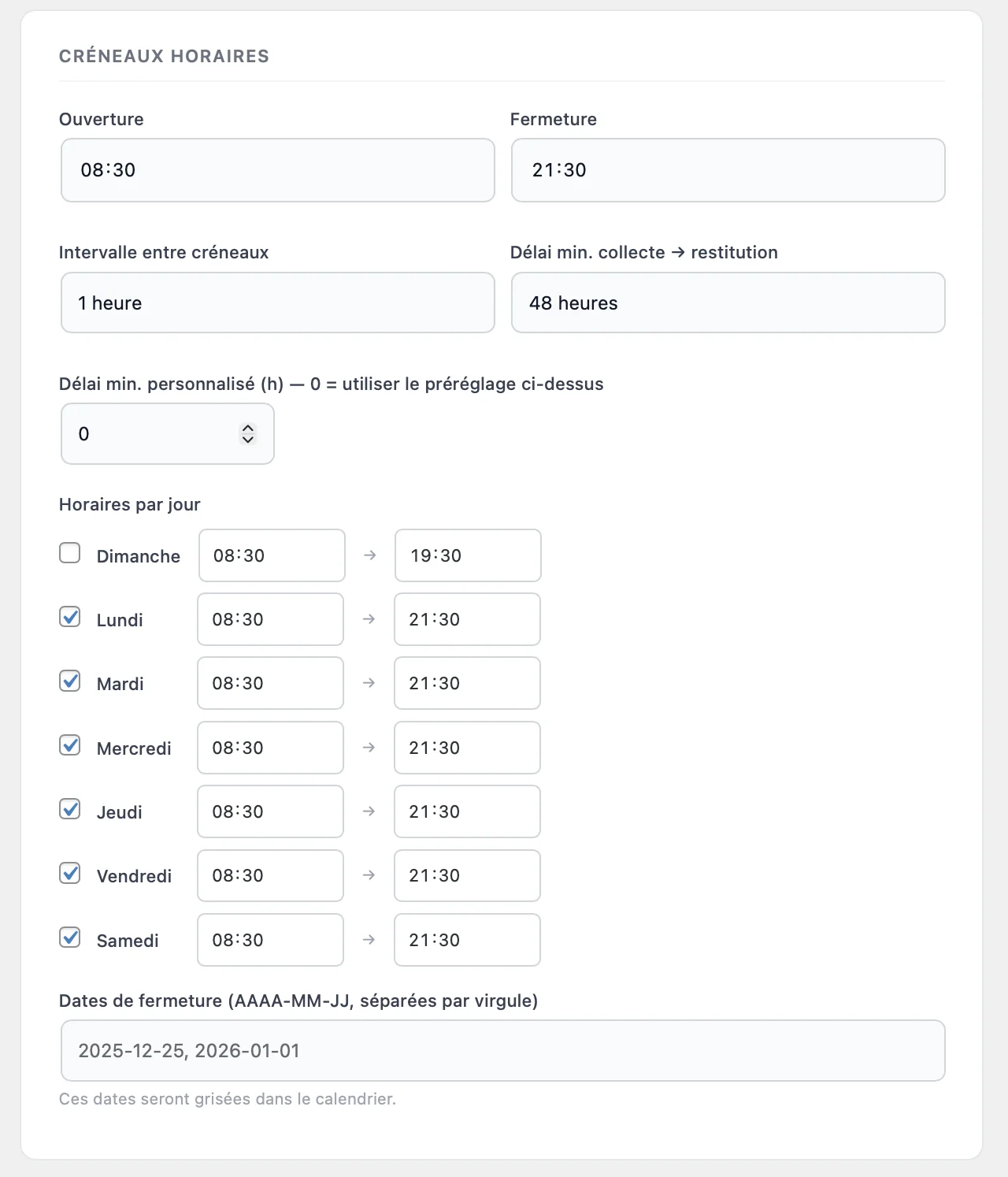 Créneaux horaires pressing : configuration par jour dans PressFlow Starter