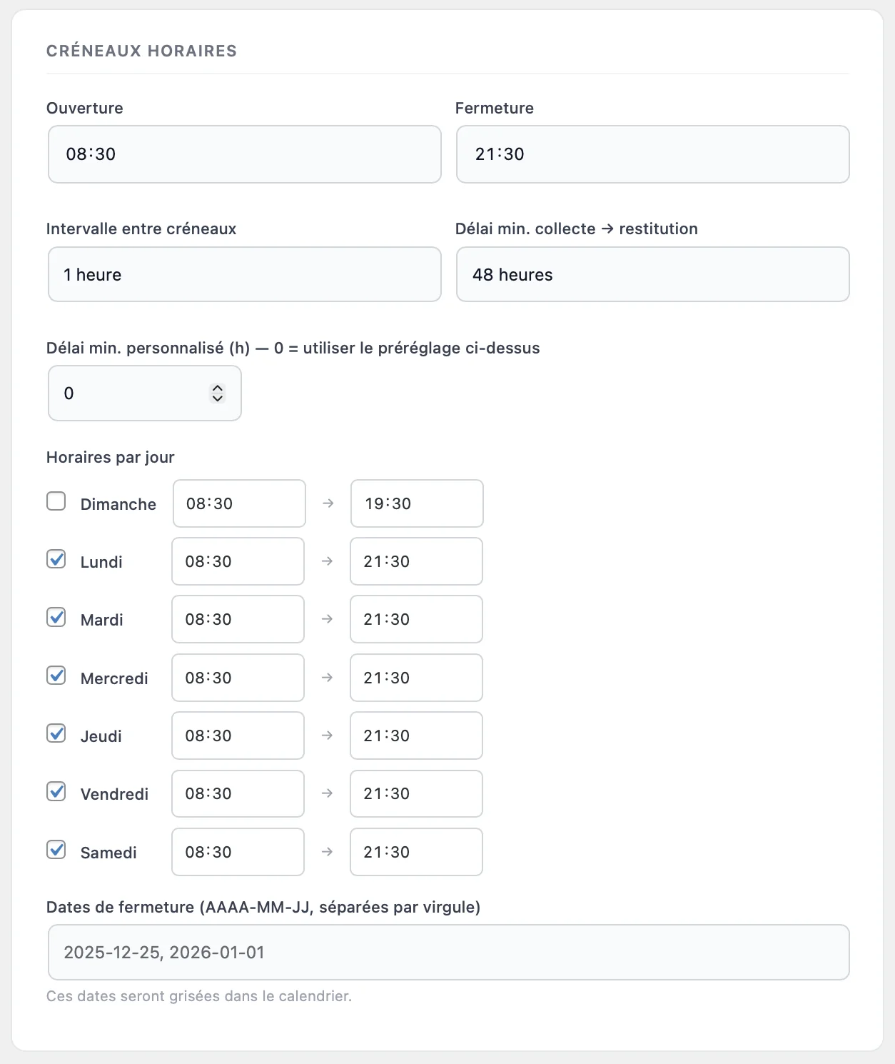 Configuration des plages horaires du calendrier dans PressFlow > Paramètres
