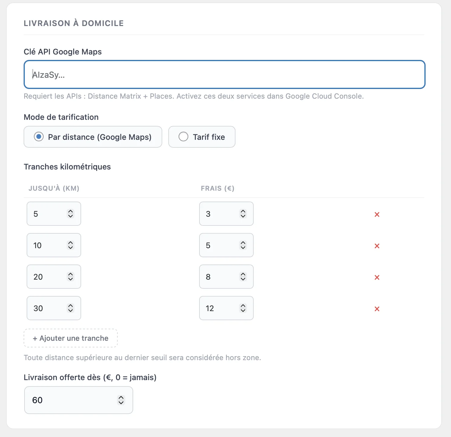 Configuration des tranches tarifaires dans PressFlow › Réglages › Livraison & Collecte