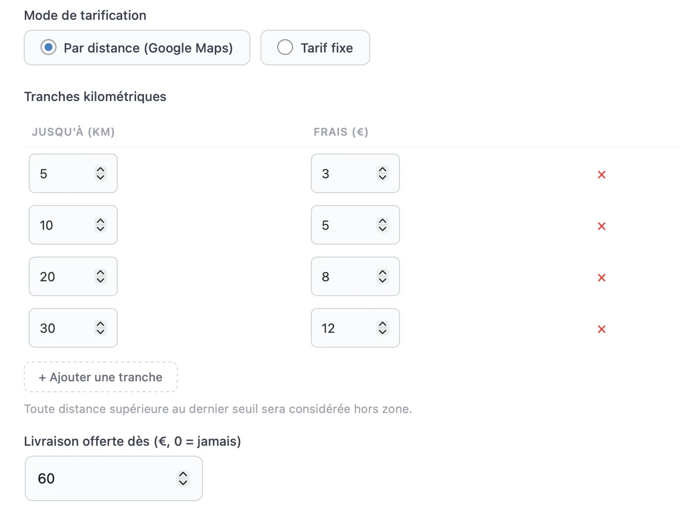 Configuration des tranches tarifaires livraison dans PressFlow > Réglages