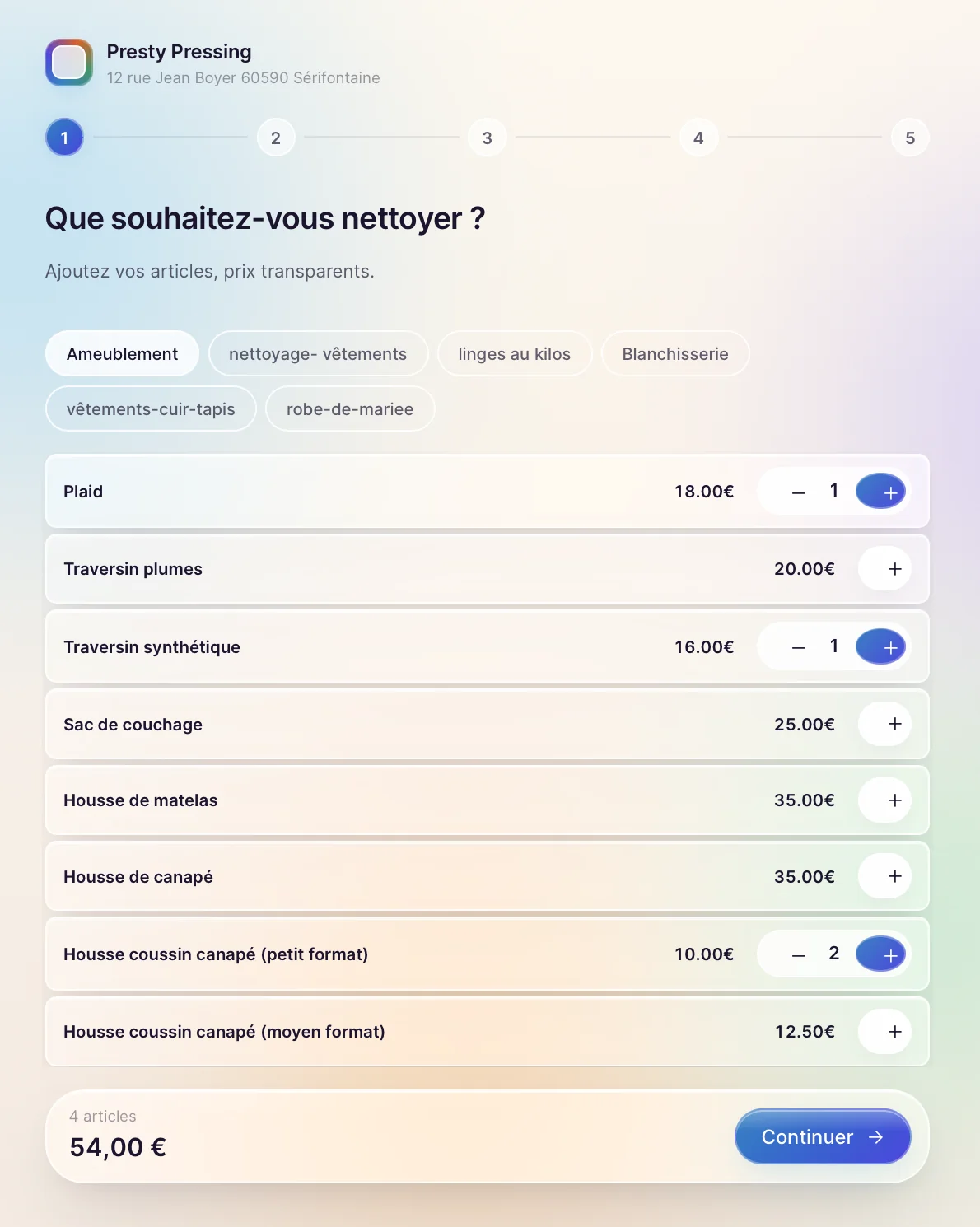 Étape 1 du tunnel : sélection des articles pressing avec prix et quantités
