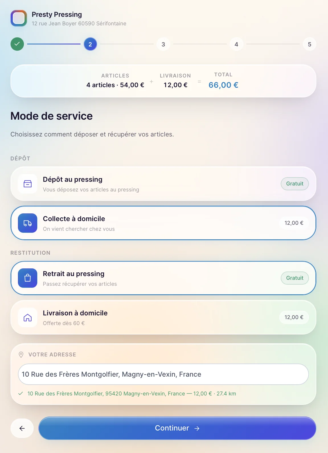 Étape 2 du tunnel : le client choisit son mode de dépôt et voit les frais calculés selon son adresse