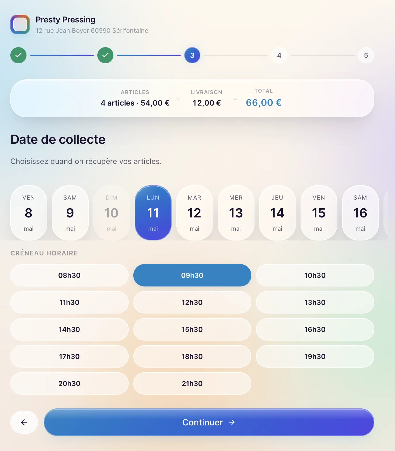 Étape 3 du tunnel : calendrier créneaux pressing avec jours disponibles et sélection d'un horaire