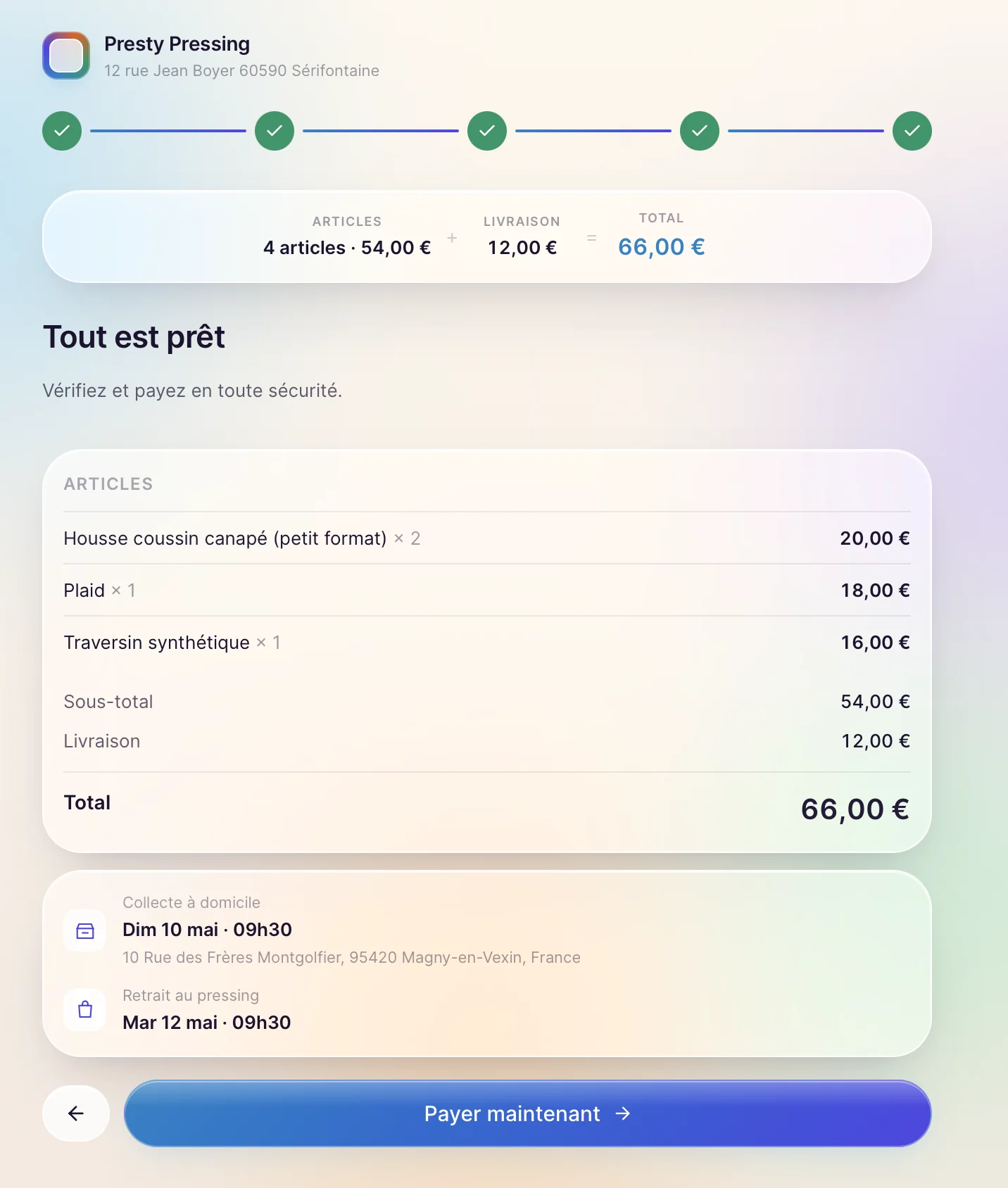 Étape 4 du tunnel : formulaire client pressing avec résumé de commande