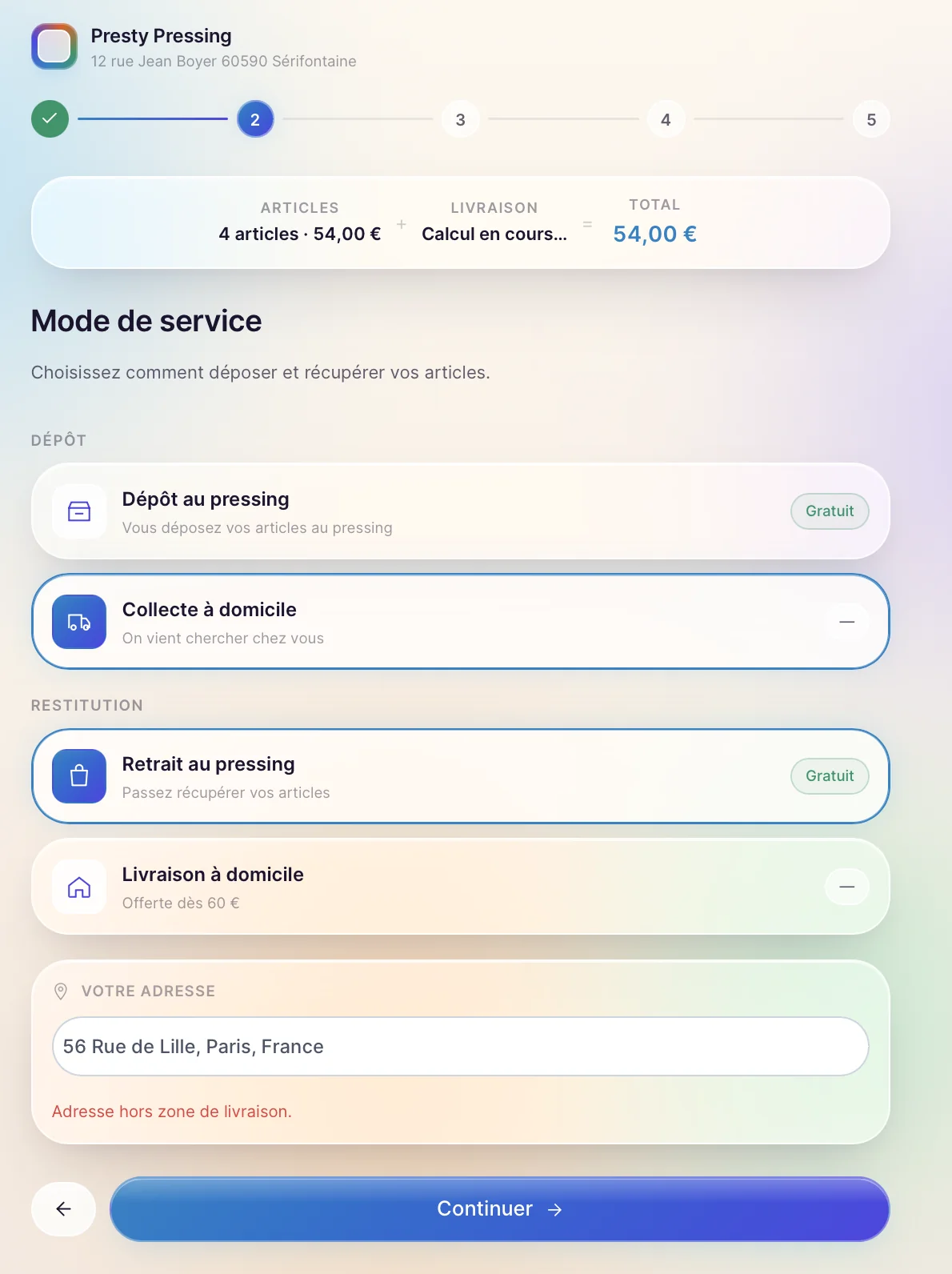 Adresse hors zone : PressFlow affiche un message clair et propose les alternatives disponibles