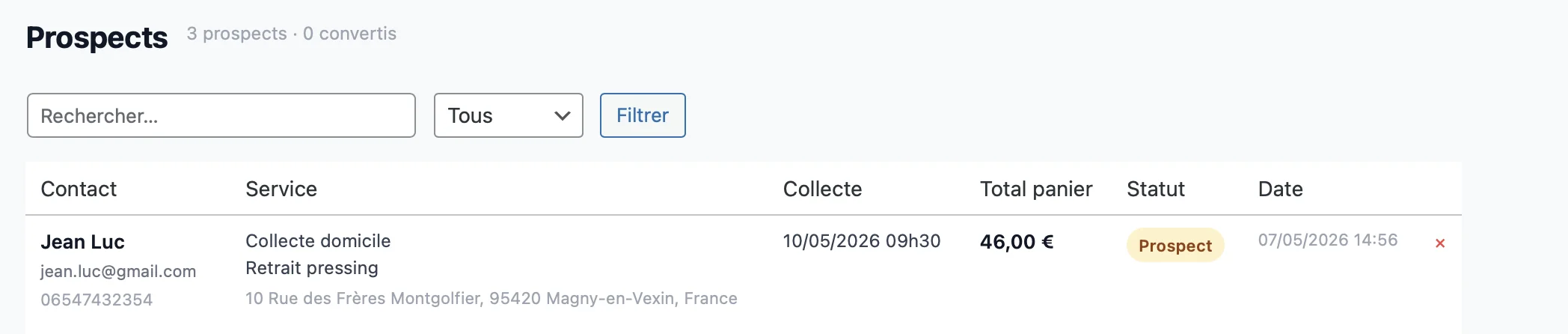 Un prospect enregistré après abandon post-formulaire, visible dans le dashboard