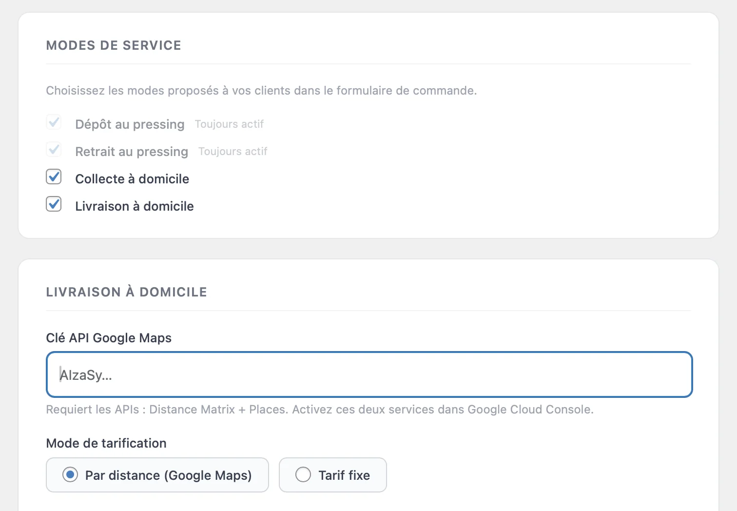 Page de réglages : activation du mode collecte et saisie de la clé API