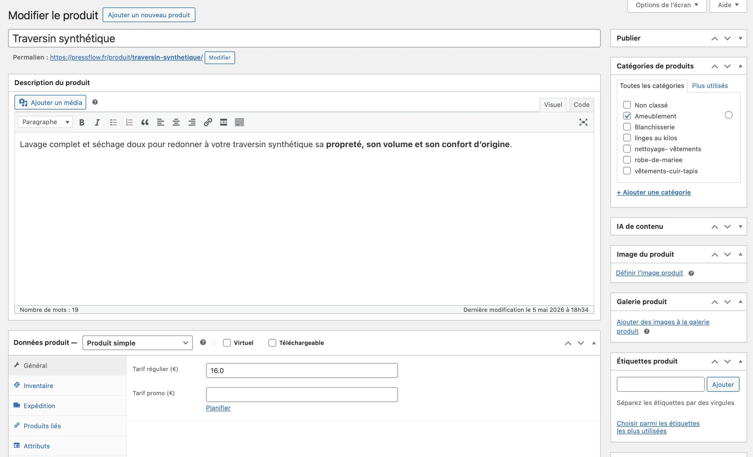 Fiche produit WooCommerce : catégorie et prix à renseigner pour que l'article apparaisse dans le tunnel